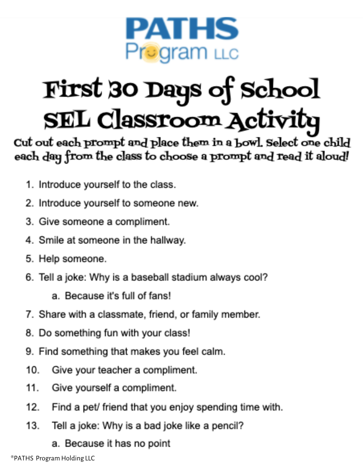 Printable First 30 Days Of School SEL Classroom Activity